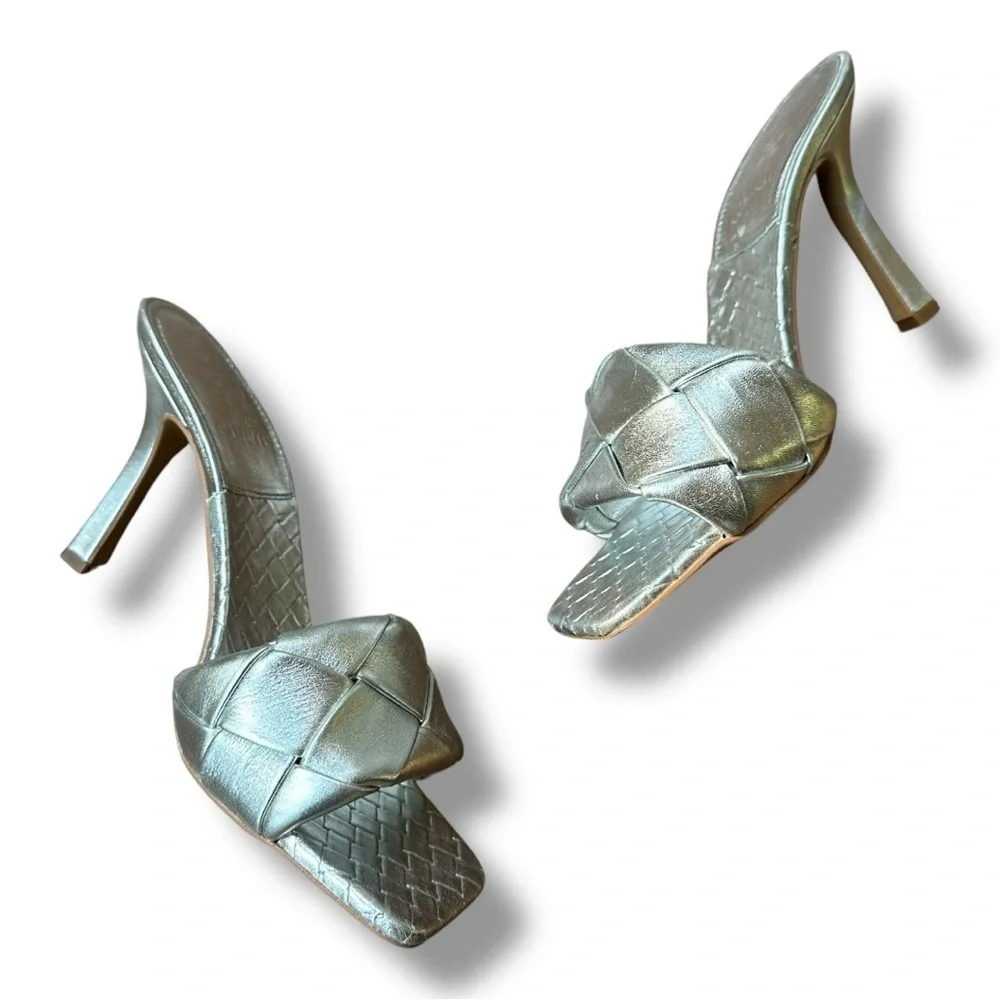 Vince Camuto Brelanie Silver Leather Braided Strap Heeled Slide Sandals | 8.5